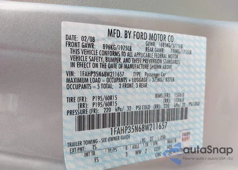 2008 Ford Focus Se/Ses z USA, uszkodzony, nr VIN 1FAHP35N68W211657